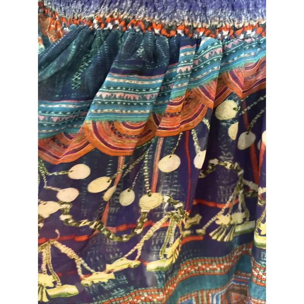 CAMILLA off shoulder or Silk Blouse crystals blue red open sleeve Shirred Cuff L - Picture 10 of 13
